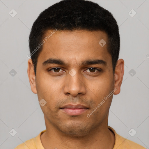 Neutral latino young-adult male with short  black hair and brown eyes