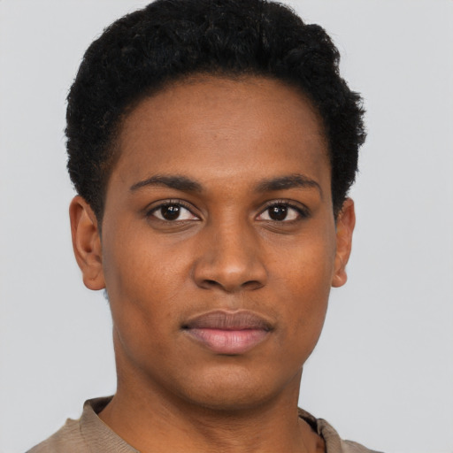 Neutral black young-adult female with short  black hair and brown eyes