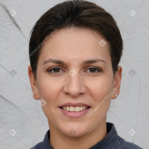 Joyful white young-adult female with short  brown hair and grey eyes