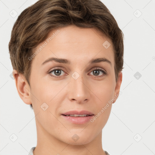 Joyful white young-adult female with short  brown hair and grey eyes