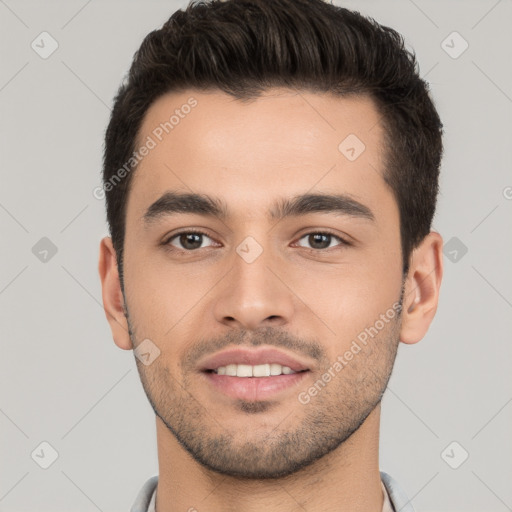 Joyful white young-adult male with short  brown hair and brown eyes