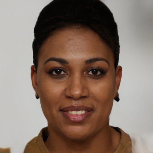 Joyful black young-adult female with short  brown hair and brown eyes