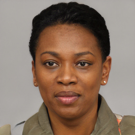 Joyful black young-adult female with short  black hair and brown eyes
