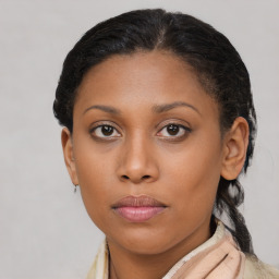 Neutral latino young-adult female with short  brown hair and brown eyes