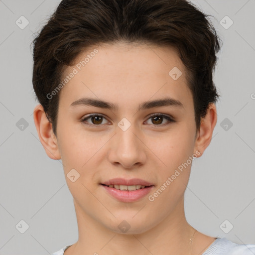 Joyful white young-adult female with short  brown hair and brown eyes