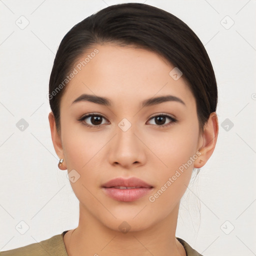 Neutral asian young-adult female with short  black hair and brown eyes