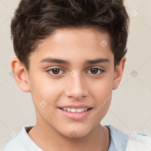 Joyful white child male with short  brown hair and brown eyes