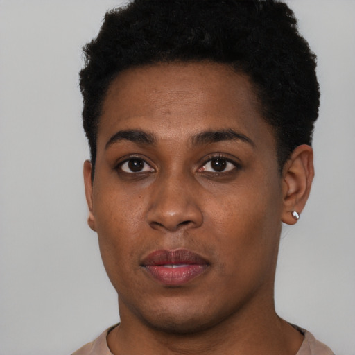 Neutral black young-adult female with short  black hair and brown eyes