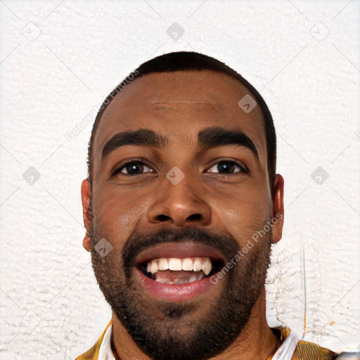 Joyful black young-adult male with short  black hair and brown eyes