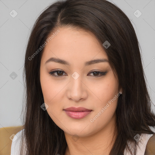 Joyful asian young-adult female with long  brown hair and brown eyes