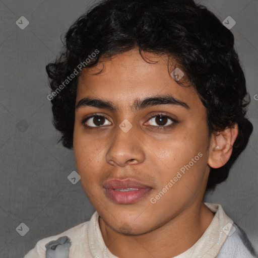 Joyful latino young-adult female with short  black hair and brown eyes