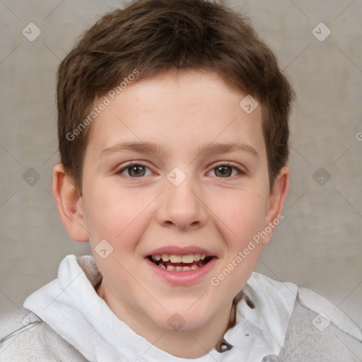 Joyful white child male with short  brown hair and brown eyes