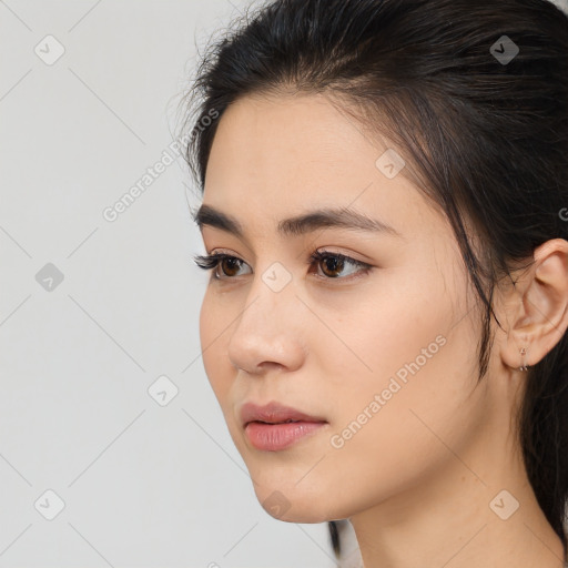 Neutral white young-adult female with medium  brown hair and brown eyes