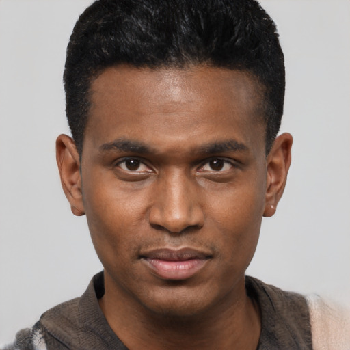 Neutral black young-adult male with short  black hair and brown eyes
