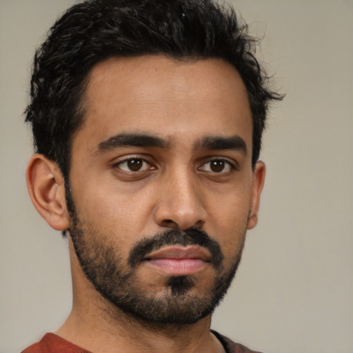Neutral latino young-adult male with short  black hair and brown eyes