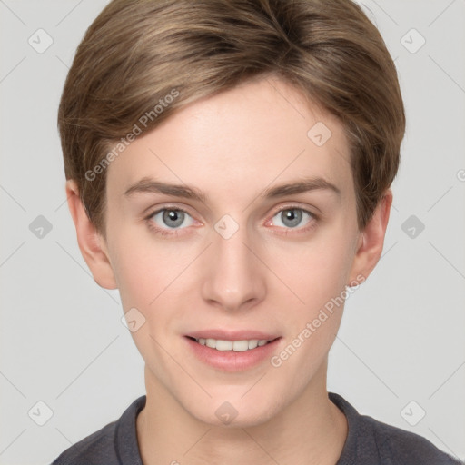 Joyful white young-adult female with short  brown hair and grey eyes