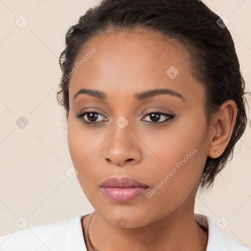 Neutral white young-adult female with long  brown hair and brown eyes