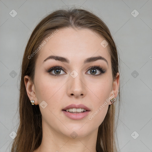 Joyful white young-adult female with long  brown hair and grey eyes