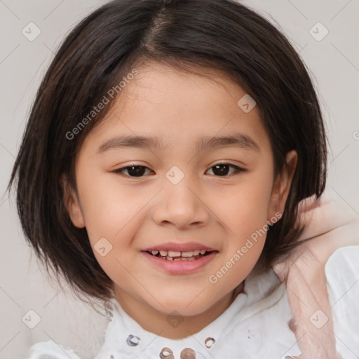 Joyful white child female with medium  brown hair and brown eyes