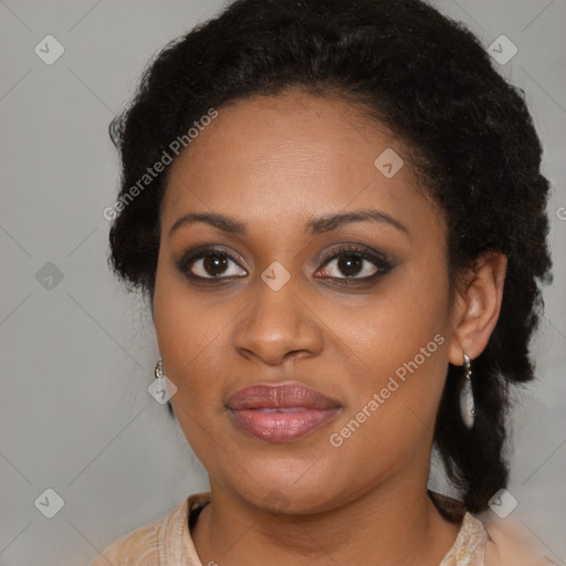 Joyful black young-adult female with medium  brown hair and brown eyes