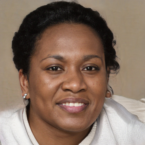 Joyful black adult female with short  brown hair and brown eyes