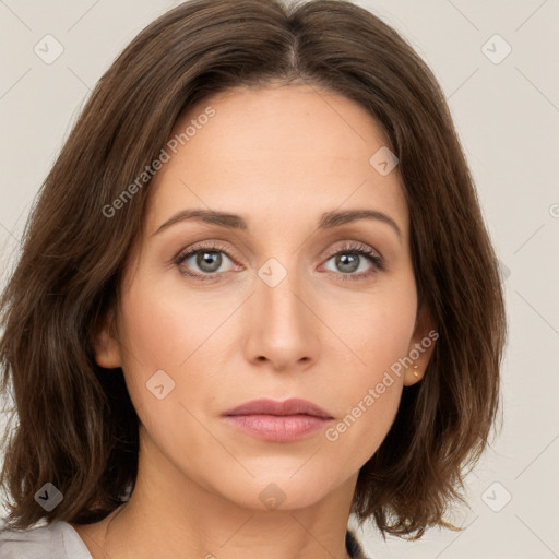 Neutral white young-adult female with medium  brown hair and brown eyes