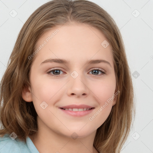 Joyful white child female with medium  brown hair and brown eyes