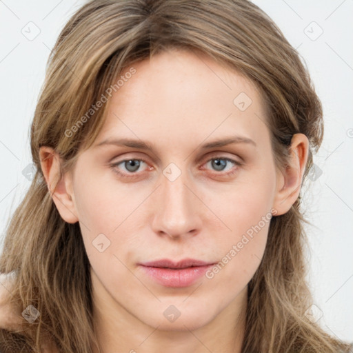 Neutral white young-adult female with long  brown hair and blue eyes