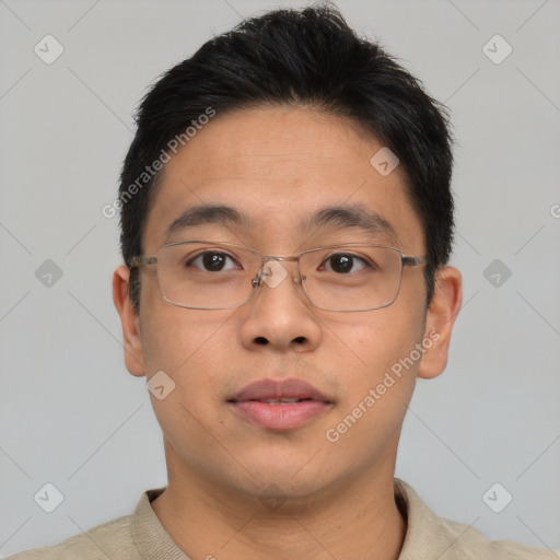 Neutral asian young-adult male with short  brown hair and brown eyes