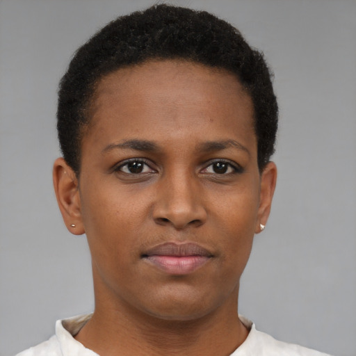 Neutral black young-adult female with short  brown hair and brown eyes