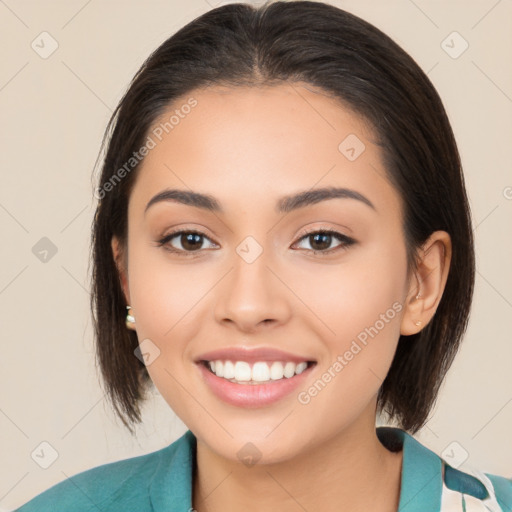 Joyful white young-adult female with medium  brown hair and brown eyes