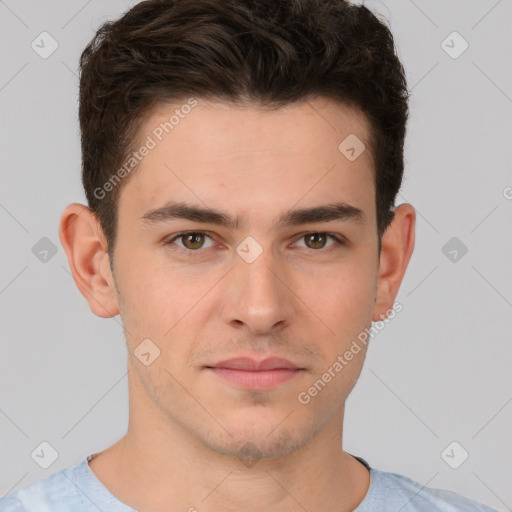 Neutral white young-adult male with short  brown hair and brown eyes