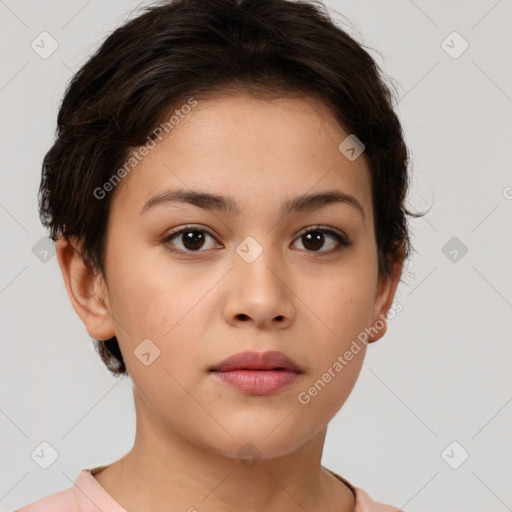 Neutral white young-adult female with short  brown hair and brown eyes