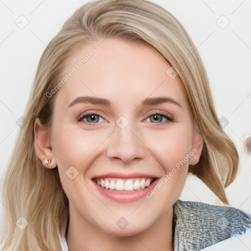 Joyful white young-adult female with medium  brown hair and blue eyes