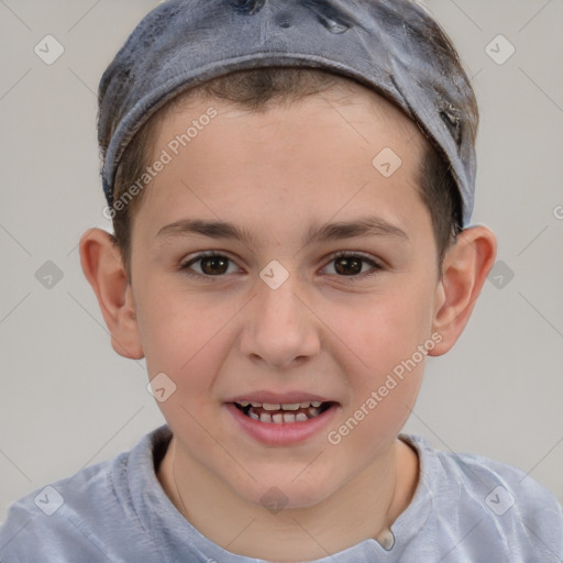 Joyful white child male with short  brown hair and brown eyes