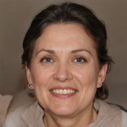 Joyful white adult female with medium  brown hair and brown eyes