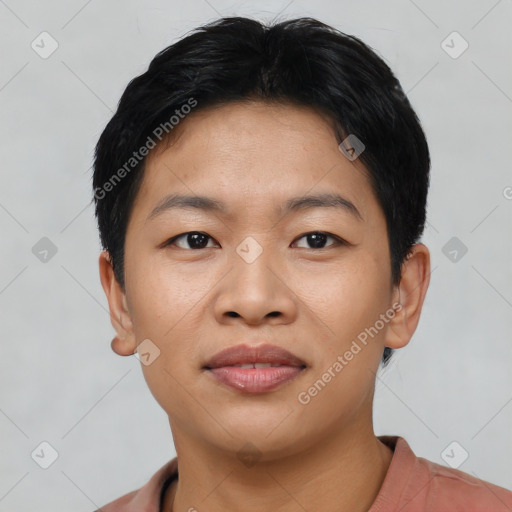 Joyful asian young-adult female with short  black hair and brown eyes