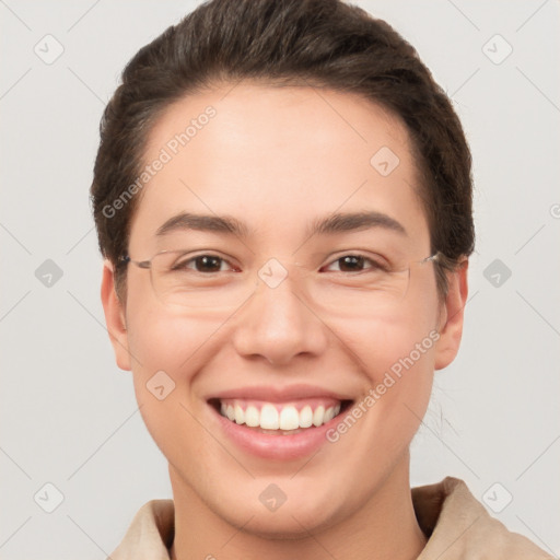 Joyful white young-adult female with short  brown hair and brown eyes