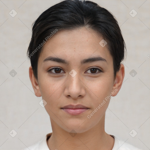 Joyful white young-adult female with short  brown hair and brown eyes