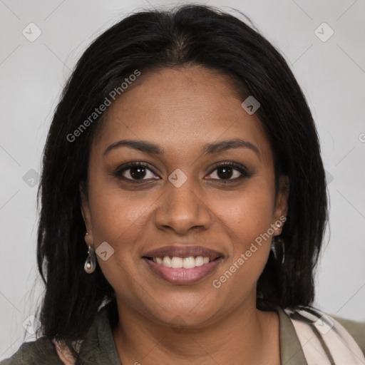 Joyful black young-adult female with medium  brown hair and brown eyes