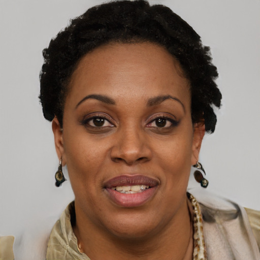 Joyful black adult female with short  brown hair and brown eyes