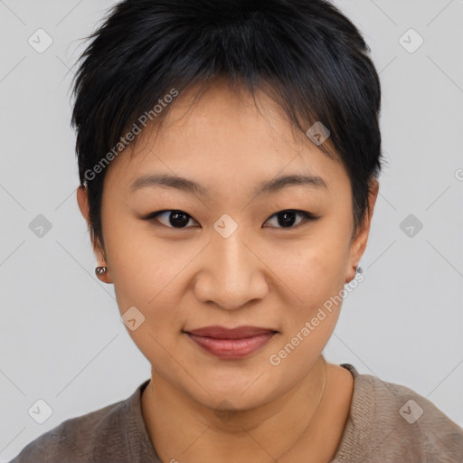 Joyful asian young-adult female with short  brown hair and brown eyes