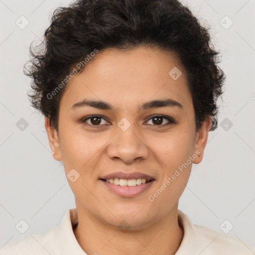 Joyful latino young-adult female with short  brown hair and brown eyes