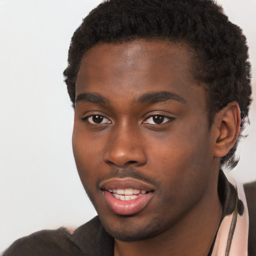 Joyful black young-adult male with short  brown hair and brown eyes