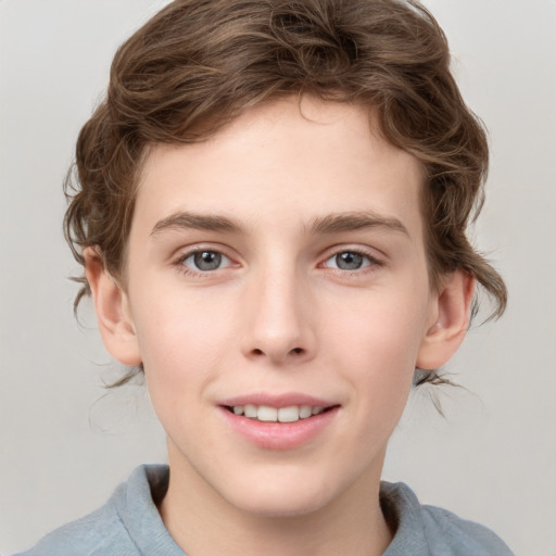 Joyful white young-adult male with medium  brown hair and grey eyes