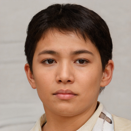 Neutral asian young-adult female with short  brown hair and brown eyes