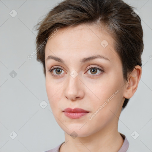 Neutral white young-adult female with short  brown hair and brown eyes