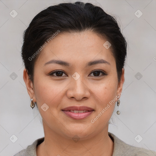 Joyful asian young-adult female with short  brown hair and brown eyes