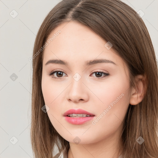 Neutral white young-adult female with long  brown hair and brown eyes