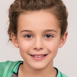 Joyful white child female with short  brown hair and brown eyes